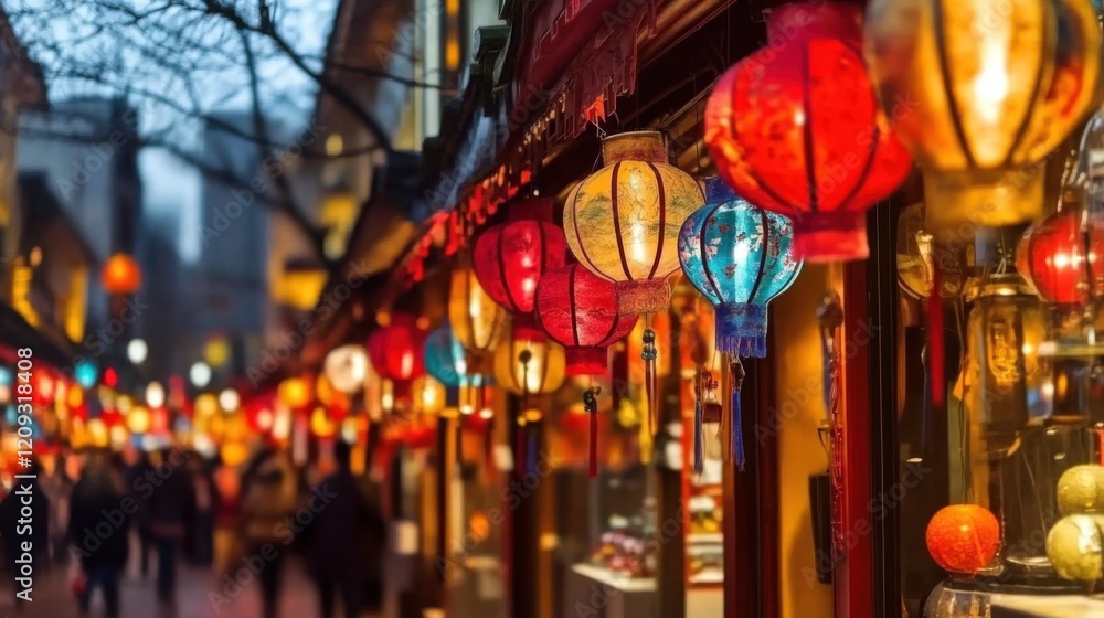 Chinese New Year Festivity: A Blurred China Town Backdrop with a Vibrant Lantern Festival bathed in a Spectrum of Colors. Chinese New Year Festivity: A Blurred China Town Backdrop with a Vibrant Lantern Festival bathed in a Spectrum of Colors.