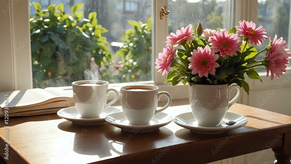 custom made wallpaper toronto digitalTwo Cups of Coffee and Pink Flowers by Window