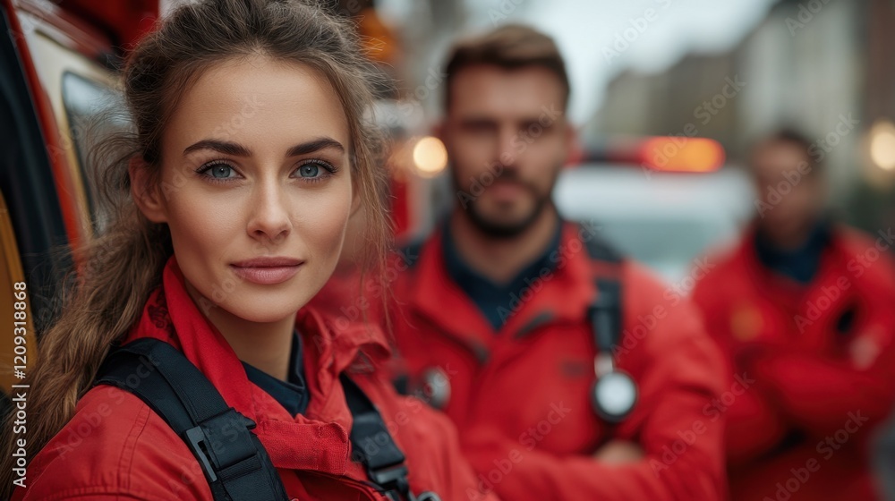 Obraz premium Portrait of team of paramedics in red medical uniform posing outdoors. Male and female doctors standing in street near ambulance and smiling at camera. Medical workers. Professional nurses, first aid 