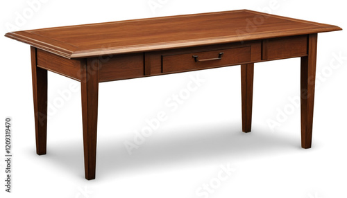 Detailed depiction of a beautifully crafted wooden table, showing off the intricate wood grain pattern and polished surface on a white background