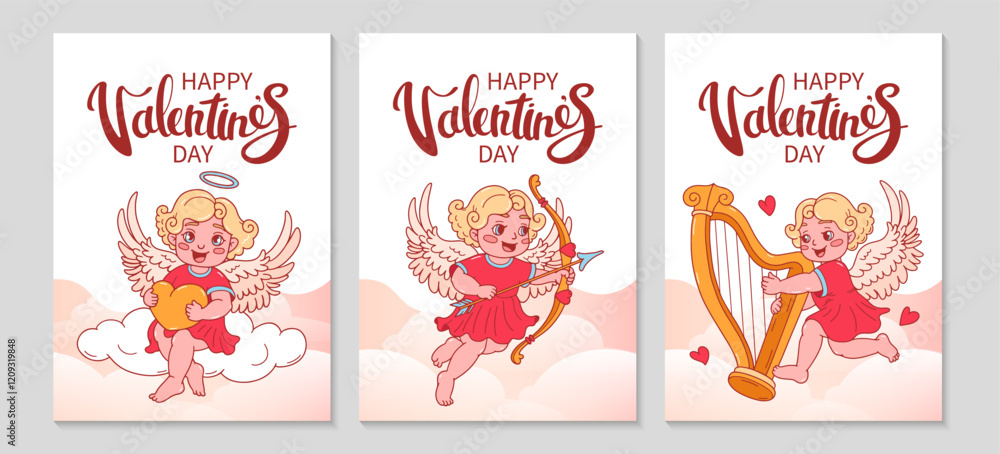 Trendy Wedding doodle invitation. Hand drawn doodle Cute cupid with bow and arrow Background. Cute wedding posters template. including cherub, hearts, harp, angel on cloud. Vector outline illustration