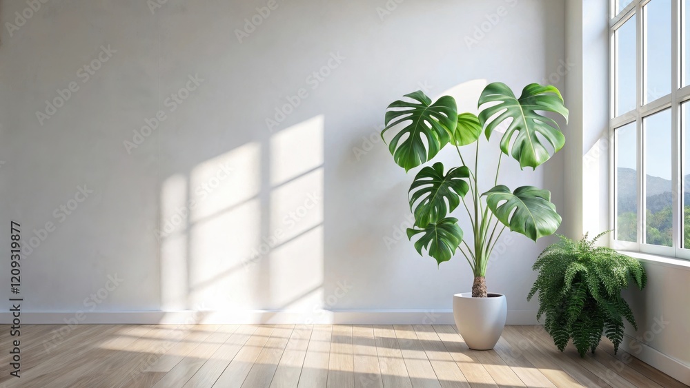 Sunlit Room with Monstera and Fern Plants in White Pots on Light Wood Floor Sunlit Room with Monstera and Fern Plants in White Pots on Light Wood Floor