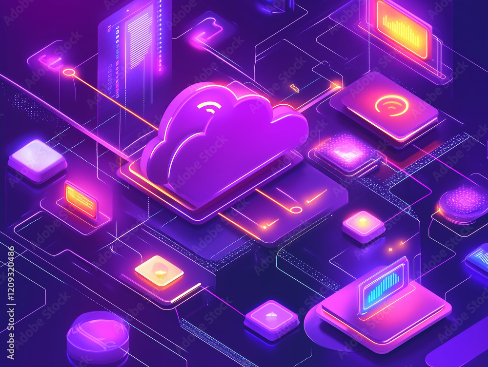 Obraz premium A stylized graphic of cloud computing with connected devices, icons, and glowing data streams on a dark background, illustrating the flow of information in a digital ecosystem.