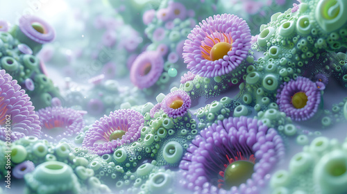 A close-up view of abstract mesmerizing organic shapes, sea creature like a flowers with bubbles in an underwater environment.