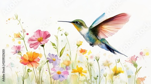 Fototapeta Naklejka Na Ścianę i Meble -  Vibrant Hummingbird Soaring Over a Field of Colorful Wildflowers