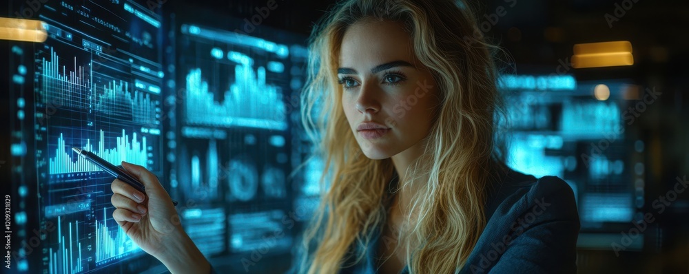 Woman Analyzing Data on Digital Screens in Modern Office Environment Woman Analyzing Data on Digital Screens in Modern Office Environment