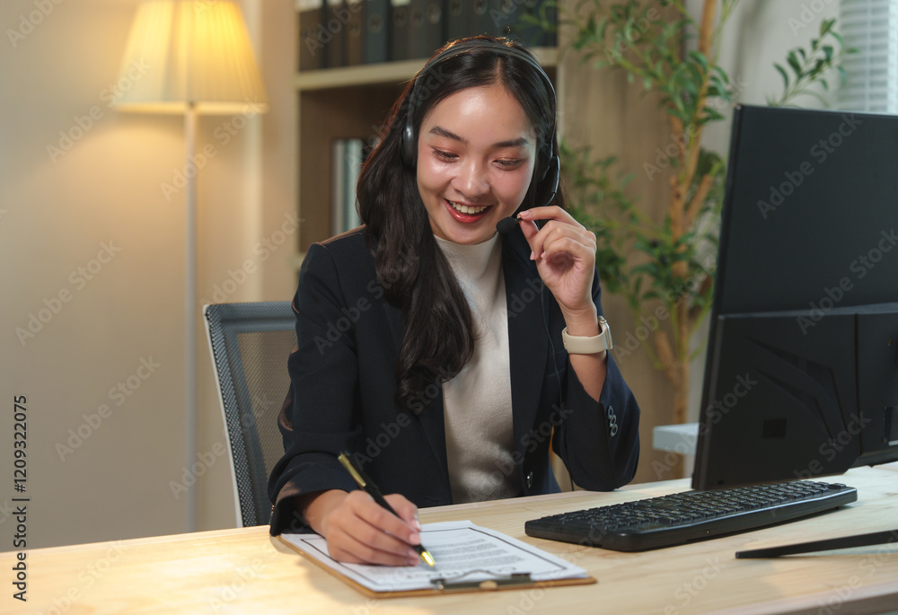 Young asian woman working at a desk, using a headset and taking notes while engaging in conversation with a customer as a dedicated call center operator Young asian woman working at a desk, using a headset and taking notes while engaging in conversation with a customer as a dedicated call center operator