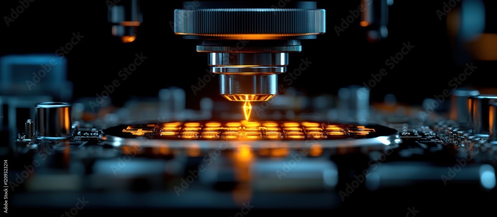 Precision robotic arm soldering microchip on circuit board. Precision robotic arm soldering microchip on circuit board.