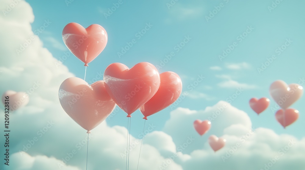 Heart-shaped balloons soaring into sky, symbolizing love and celebration Heart-shaped balloons soaring into sky, symbolizing love and celebration