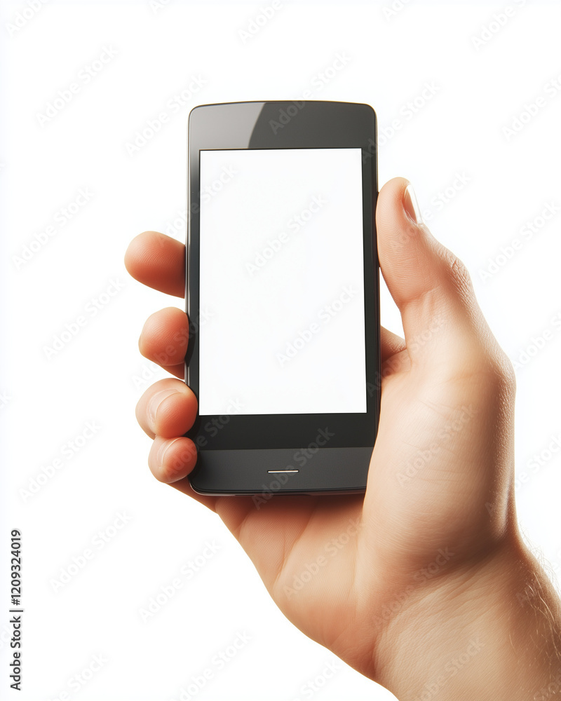 A hand holding a smartphone with a blank screen, isolated on a white background. Perfect for business-related content, showcasing mobile technology, or app design concepts. A hand holding a smartphone with a blank screen, isolated on a white background. Perfect for business-related content, showcasing mobile technology, or app design concepts.