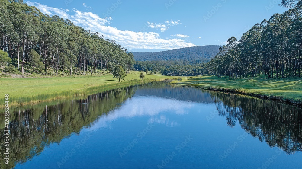 A serene landscape featuring a calm river surrounded by lush greenery and distant hills. A serene landscape featuring a calm river surrounded by lush greenery and distant hills.