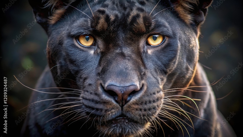 Fototapeta premium Intense Gaze of a Majestic Black Panther, a Close-Up Portrait Revealing its Powerful Features and Striking Yellow Eyes