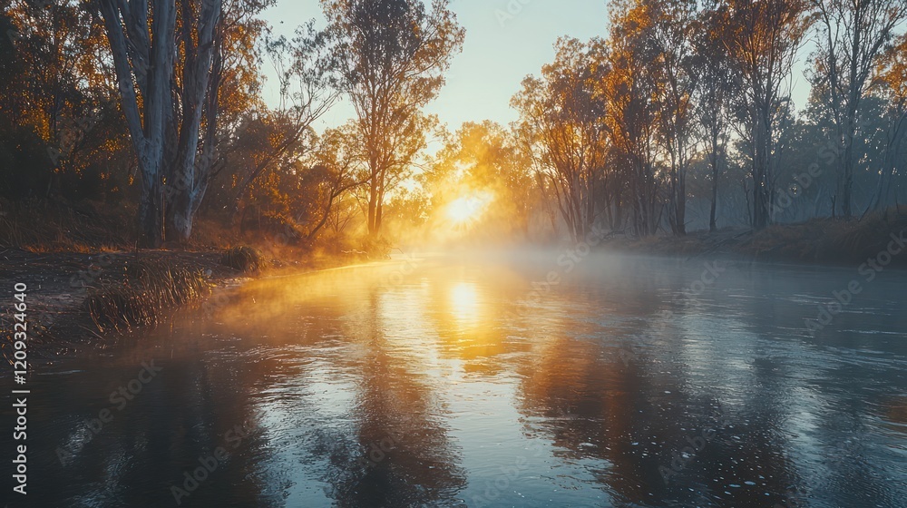 Obraz premium Serene sunrise over a misty river, surrounded by trees, creating a tranquil atmosphere.