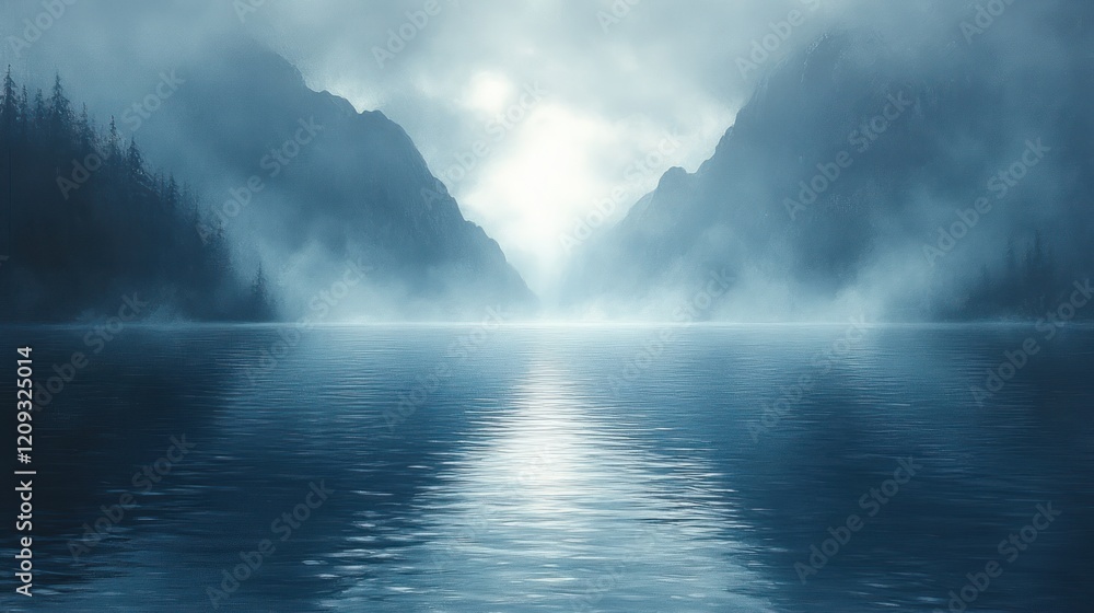 Fototapeta premium Mystical Landscape Foggy Atmosphere Soft Light Reflection Water Smooth Tranquility Blue Purple