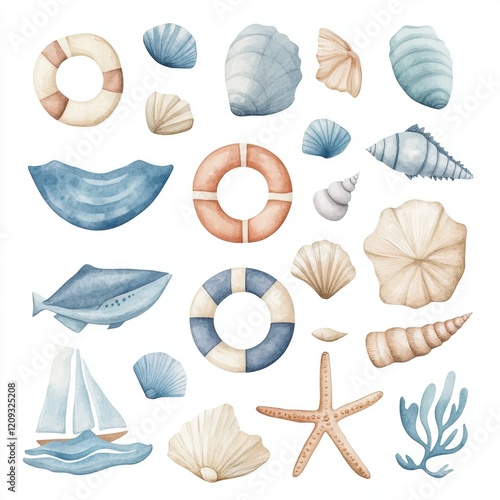 Coastal beach theme watercolor elements with shells and nautical icons photo