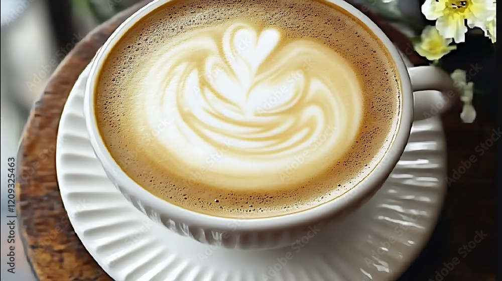 beautifully crafted latte with heart shaped foam art in white cup, placed on wooden surface, surrounded by flowers, creating warm and inviting atmosphere beautifully crafted latte with heart shaped foam art in white cup, placed on wooden surface, surrounded by flowers, creating warm and inviting atmosphere