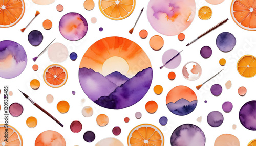 sunset abstract purple watercolor background orange sky yellow sunrise bright blue pink cloud colours red summer colourful soft texture white