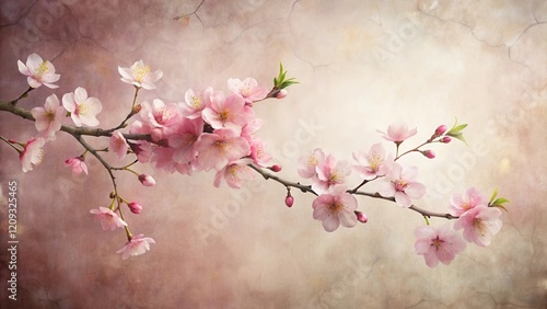 Delicate Pink Blossoms on a Branch Against a Soft Textured Background, a Symbol of Springtime Renewal and Tranquil Beauty