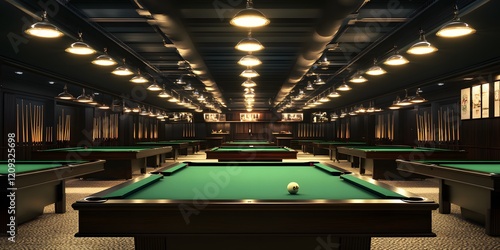 Classic billiard hall with green felt tables, dark wood accents, and vintage lighting. A sophisticated and stylish space for games.