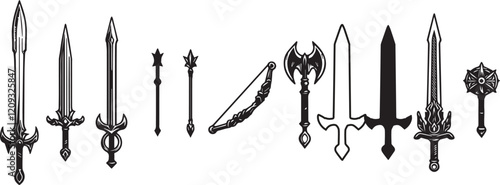 RPG weapon icon set, vector fantasy game sword collection, dungeon dragon battle attack object kit. Magic sorcerer staff, warrior dagger, medieval bow, arrow, character equipment. Vintage RPG weapon