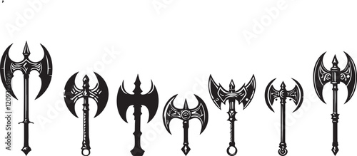 RPG weapon icon set, vector fantasy game sword collection, dungeon dragon battle attack object kit. Magic sorcerer staff, warrior dagger, medieval bow, arrow, character equipment. Vintage RPG weapon