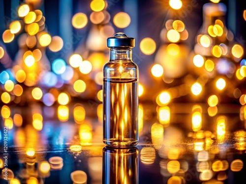 Bokeh Lights Reflecting on Glass Ampoule, 50ml Serum Bottle, Cosmetic Product Photography photo