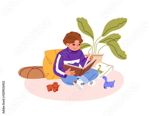 Kid learning, leafing through paper book. Happy little boy sits on the floor with toys, reads stories, fairy tales. Child holds storybook. Flat isolated vector illustration on white background