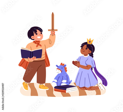 Happy kids read book, imagine together. Cute children have fun with fairy tale and games. Little friends, siblings play in dreams from storybook. Flat isolated vector illustration on white background