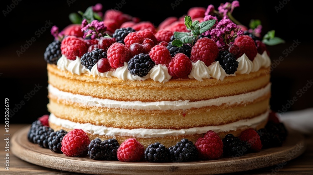 Elegant berry layer cake with fresh raspberries, blackberries, and whipped cream garnish Elegant berry layer cake with fresh raspberries, blackberries, and whipped cream garnish