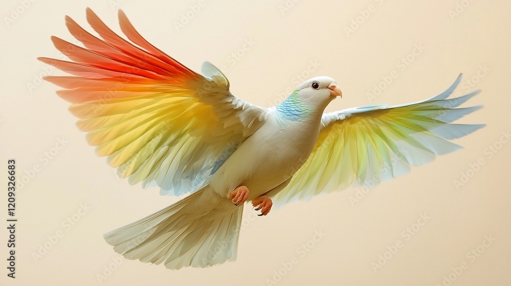 Obraz premium Colorful dove in flight, wings spread wide.