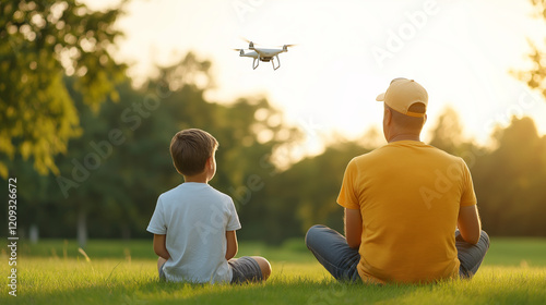 A father and son enjoying quality time outdoors flying a drone together at sunset photo