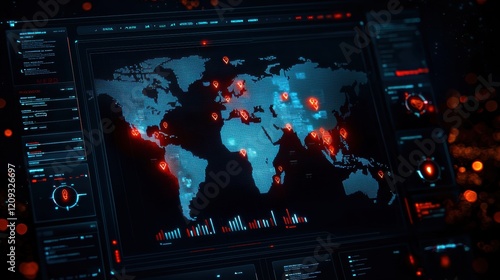 A digital map displays global data with highlighted red points, symbolizing cyber activity or threats in a high-tech interface.