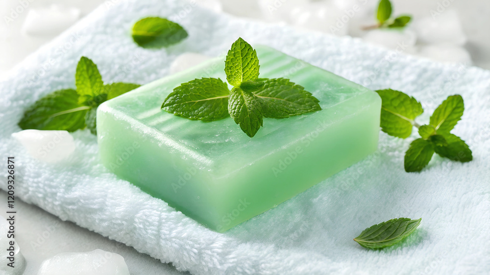 Mint soap bar mockup with fresh mint leaves on a white towel, perfect for natural skincare branding, refreshing bath product ads, or wellness campaigns Mint soap bar mockup with fresh mint leaves on a white towel, perfect for natural skincare branding, refreshing bath product ads, or wellness campaigns