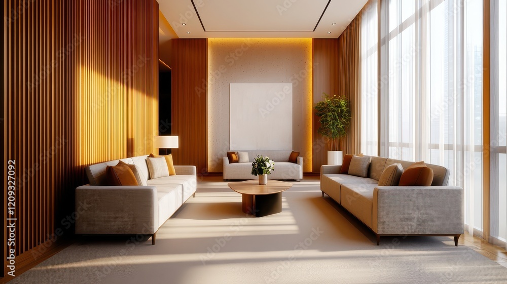 Fototapeta premium Elegant luxury living room with warm brown tones and exquisite design details for a sophisticated ambiance.