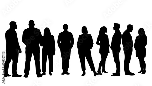 Silhouetted group of people standing against a white background