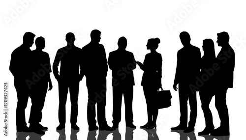 Silhouetted business people engaged in conversation against white background