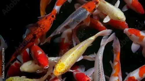 Koi carp swimming in a pond. Top view, close-up