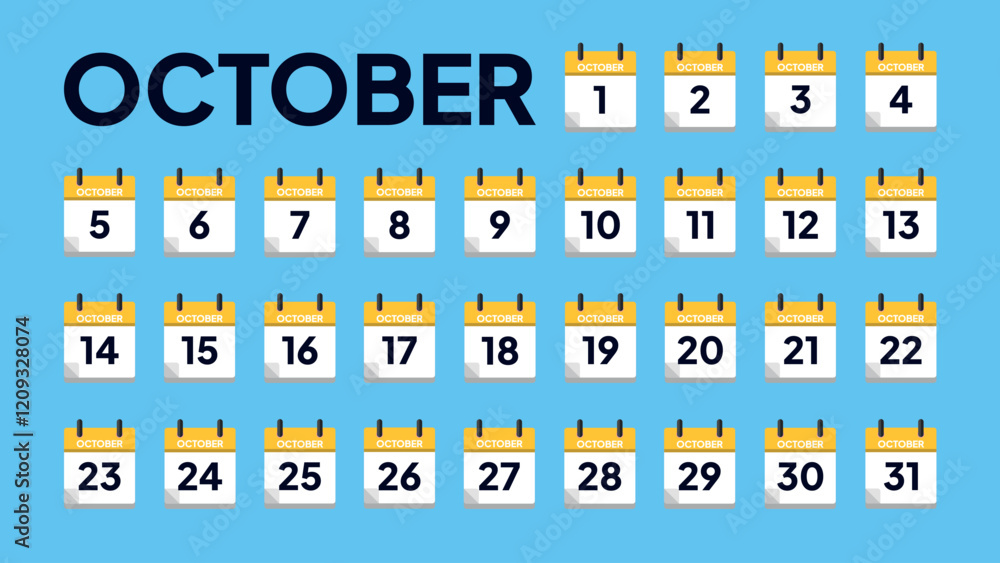 October. Monthly calendar in flat design style. Date vector illustration October. Monthly calendar in flat design style. Date vector illustration