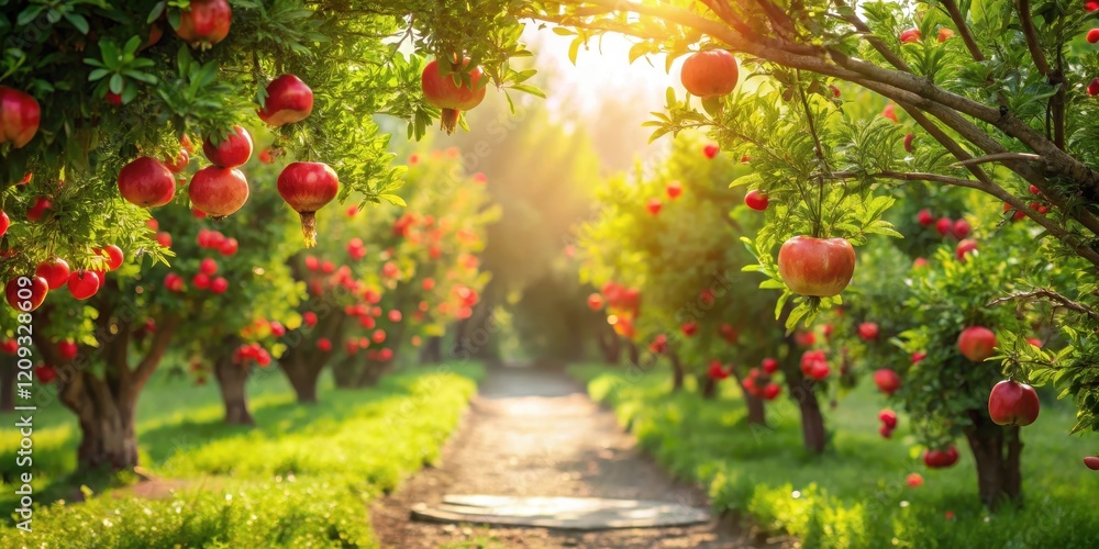 Obraz premium Sunlit Orchard Path Rows of Pomegranate Trees Heavy with Ripe, Juicy Fruit in a Serene Garden Setting