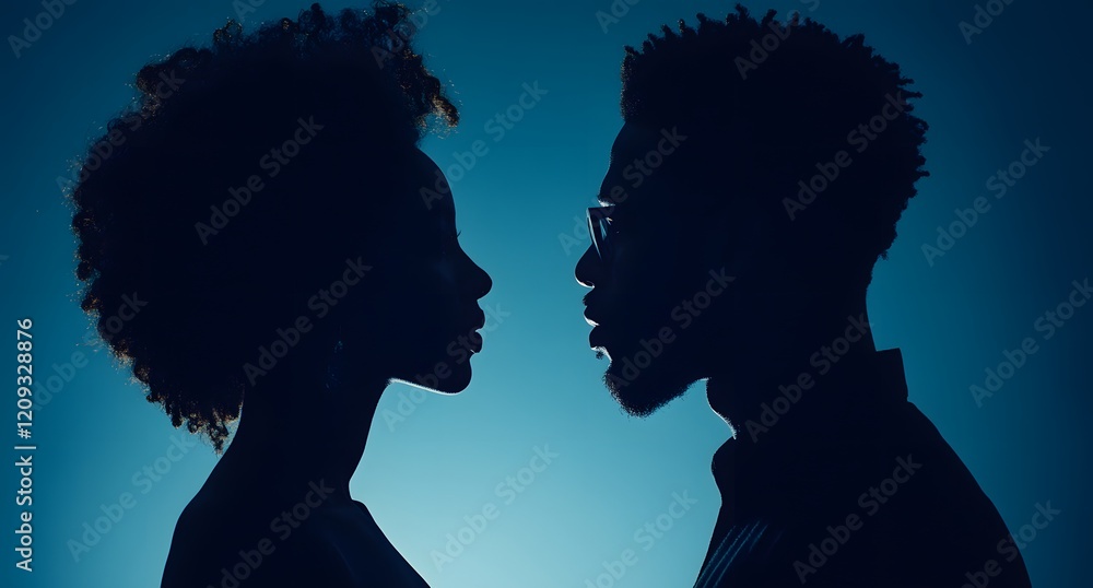 Fototapeta premium Silhouette of a young couple facing each other