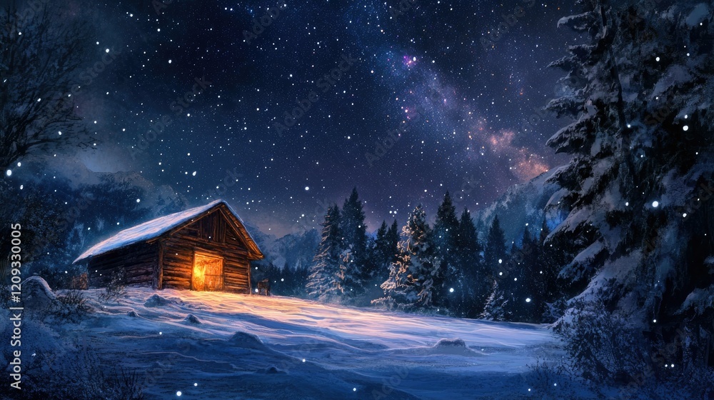 A rustic stable under a clear starry night, glowing warmly from within, surrounded by the soft shadows of nearby trees.