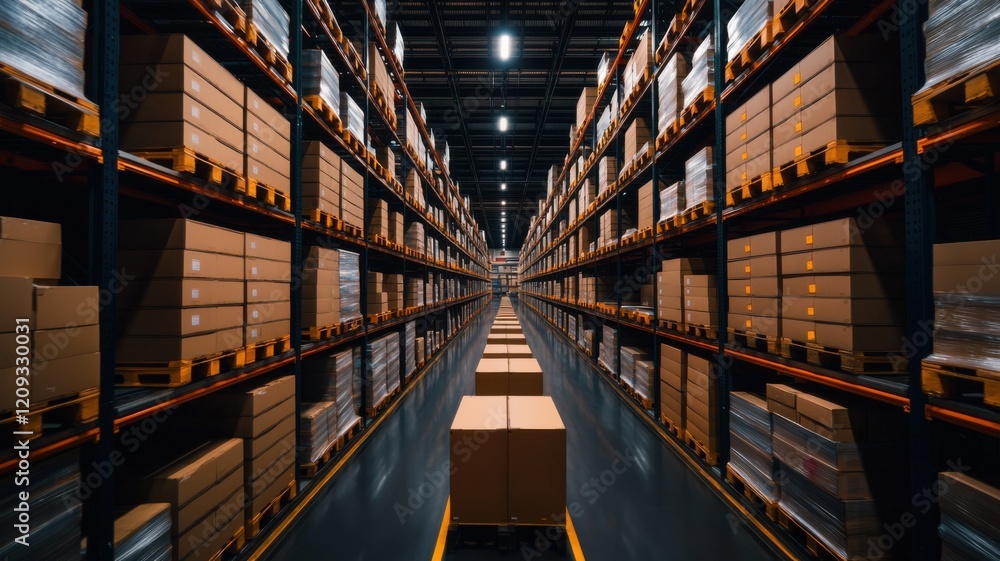 Fototapeta premium Efficient warehouse operations industrial facility photography indoor environment aisle view logistics management