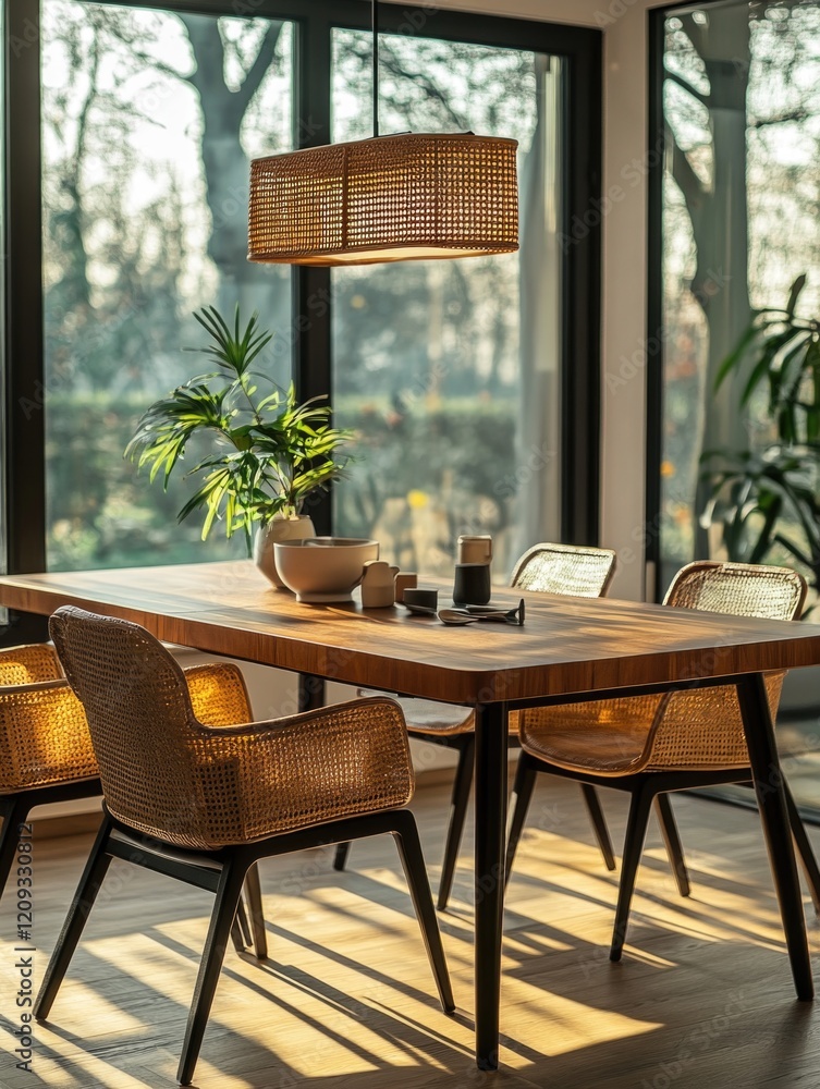 Fototapeta premium Dining Room Table with Chairs and Plant