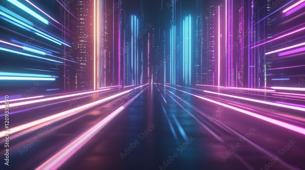 Futuristic neon light trail in urban sci-fi cityscape Futuristic neon light trail in urban sci-fi cityscape