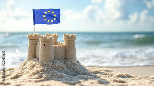 A simple sandcastle with the EU flag fluttering atop, set against a serene blue ocean and clear skies. photo