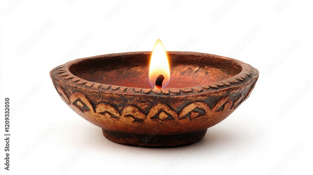 A single traditional diya lamp lit with a bright flame on a pristine white background, symbolizing warmth and light. A single traditional diya lamp lit with a bright flame on a pristine white background, symbolizing warmth and light.