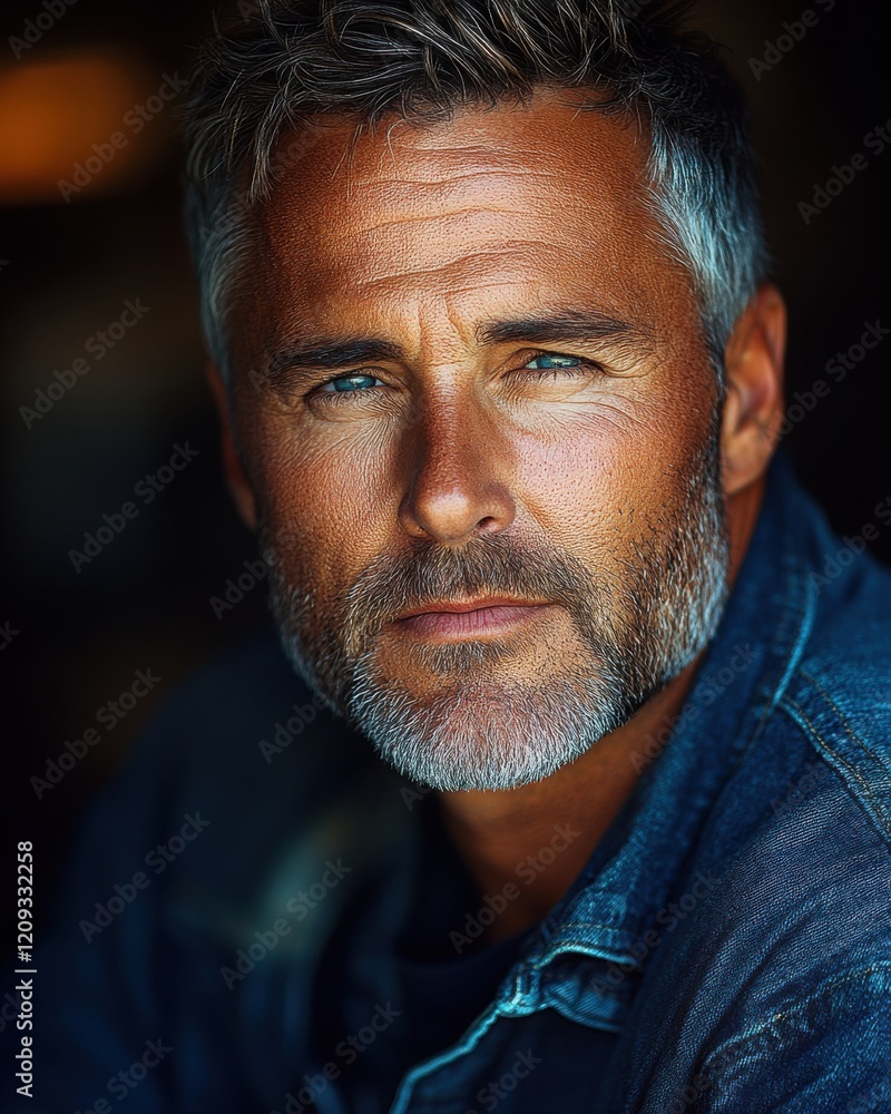 Man with silver hair and blue eyes posing for a close-up portrait against a blurred background in soft light with relaxed expression Man with silver hair and blue eyes posing for a close-up portrait against a blurred background in soft light with relaxed expression