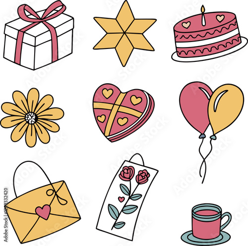 Gift icon, vector illustration, collection of 9 different shapes