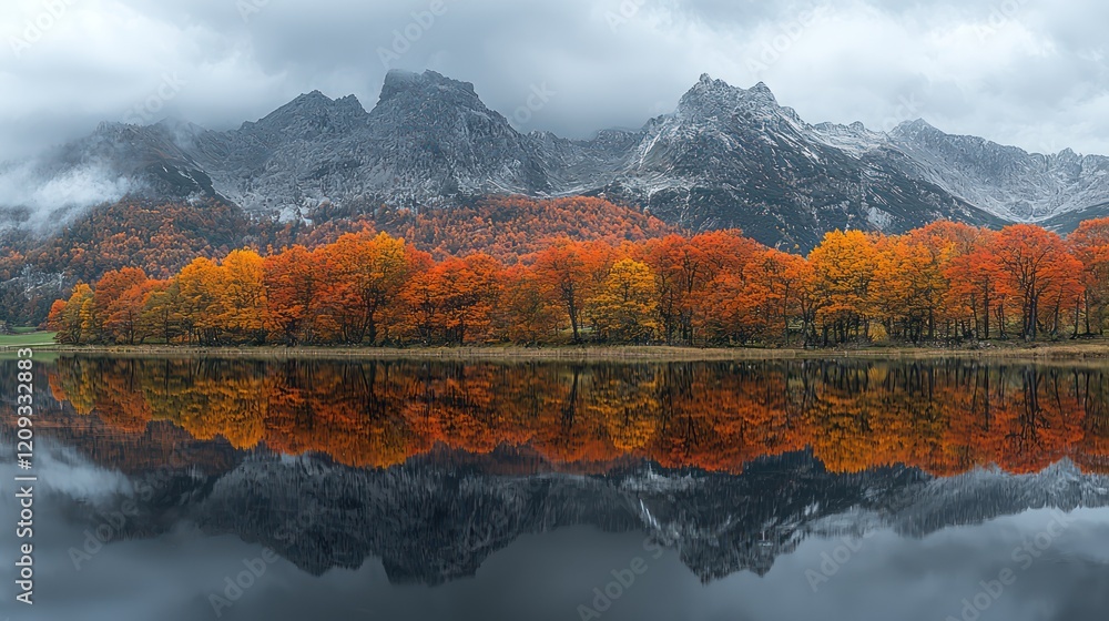 custom made wallpaper toronto digitalA serene autumn landscape with colorful trees reflecting on a calm lake against mountains.