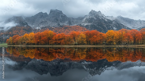 Wallpaper Mural A serene autumn landscape with colorful trees reflecting on a calm lake against mountains. Torontodigital.ca